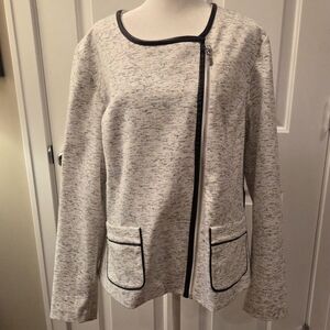 Rafaella White With Heathered Black Side Zip-Up Jacket Size 18W Faux Trim